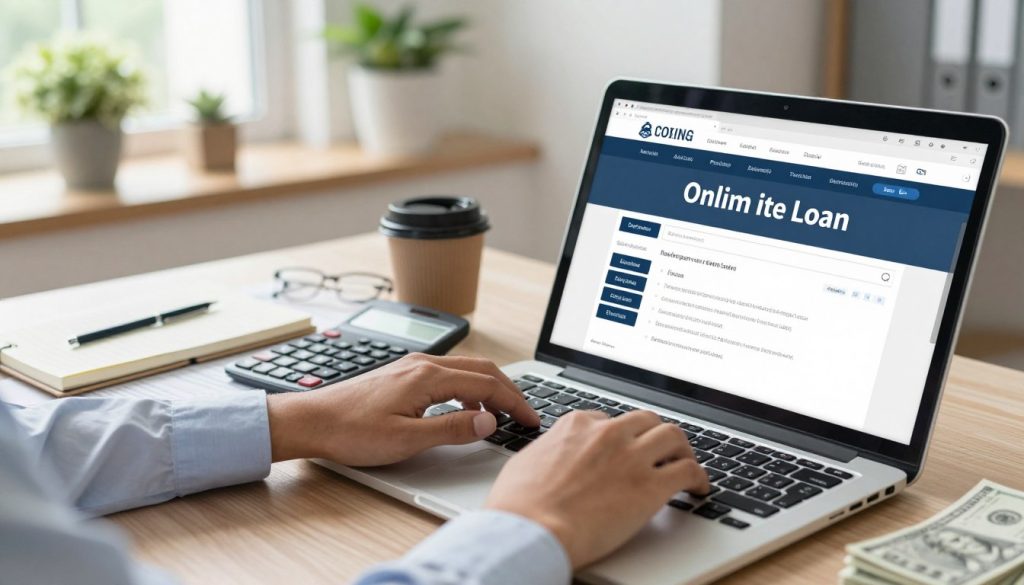 A close-up view of a professional-looking workspace featuring a laptop displaying an online loan application website, with open notebooks and financial documents scattered around. In the foreground, a pair of hands (wearing a formal shirt) is typing on the laptop, symbolizing urgent action. In the middle ground, a coffee cup sits beside a calculator and a stack of cash, representing quick financial solutions. The background shows a well-lit, modern office environment with potted plants and soft natural light streaming in through a window, creating a warm and inviting atmosphere. The overall mood conveys urgency and determination, highlighting the concept of emergency cash loans. The image should be vibrant and focused, with a depth of field that blurs the background slightly to draw attention to the activities in the foreground.