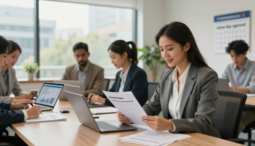 A contemporary office setting, showcasing a diverse team of professionals. In the foreground, a confident woman in business attire reviews loan application documents. She is surrounded by glowing, modern technology, like a laptop and a tablet displaying financial charts and graphs. The middle ground features a warm, inviting conference room with large windows allowing natural light to stream in, revealing a peaceful urban scene outside. In the background, a subtle hint of loan-related imagery, such as a calendar marked for "same-day approval" and a stack of papers labeled "personal loans" adds context. The mood is optimistic and professional, highlighting themes of accessibility and quick approval, with soft lighting that enhances the workspace's welcoming atmosphere, shot from a slightly elevated angle for a comprehensive view. A contemporary office setting, showcasing a diverse team of professionals. In the foreground, a confident woman in business attire reviews loan application documents. She is surrounded by glowing, modern technology, like a laptop and a tablet displaying financial charts and graphs. The middle ground features a warm, inviting conference room with large windows allowing natural light to stream in, revealing a peaceful urban scene outside. In the background, a subtle hint of loan-related imagery, such as a calendar marked for "same-day approval" and a stack of papers labeled "personal loans" adds context. The mood is optimistic and professional, highlighting themes of accessibility and quick approval, with soft lighting that enhances the workspace's welcoming atmosphere, shot from a slightly elevated angle for a comprehensive view.