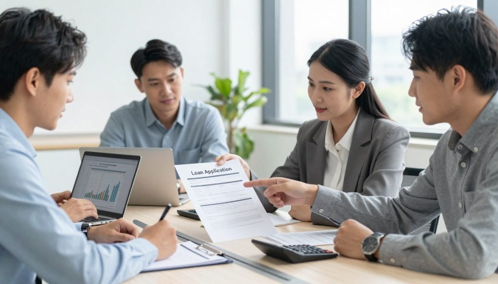A diverse group of four professionals (two men and two women) engaged in the bad credit loan application process, gathered around a modern conference table. The foreground highlights documents with large "Loan Application" headers, calculators, and laptops displaying financial graphs. In the middle, a professional woman in business attire is explaining the application steps, pointing to key sections on a document. The other three, dressed in business casual, are attentively listening and taking notes. The background features a bright office environment with large windows, allowing natural light to flood in, creating a hopeful and encouraging atmosphere. Soft focus is applied to the background while keeping the professionals sharply in focus, emphasizing the importance of their discussion. A diverse group of four professionals (two men and two women) engaged in the bad credit loan application process, gathered around a modern conference table. The foreground highlights documents with large "Loan Application" headers, calculators, and laptops displaying financial graphs. In the middle, a professional woman in business attire is explaining the application steps, pointing to key sections on a document. The other three, dressed in business casual, are attentively listening and taking notes. The background features a bright office environment with large windows, allowing natural light to flood in, creating a hopeful and encouraging atmosphere. Soft focus is applied to the background while keeping the professionals sharply in focus, emphasizing the importance of their discussion.