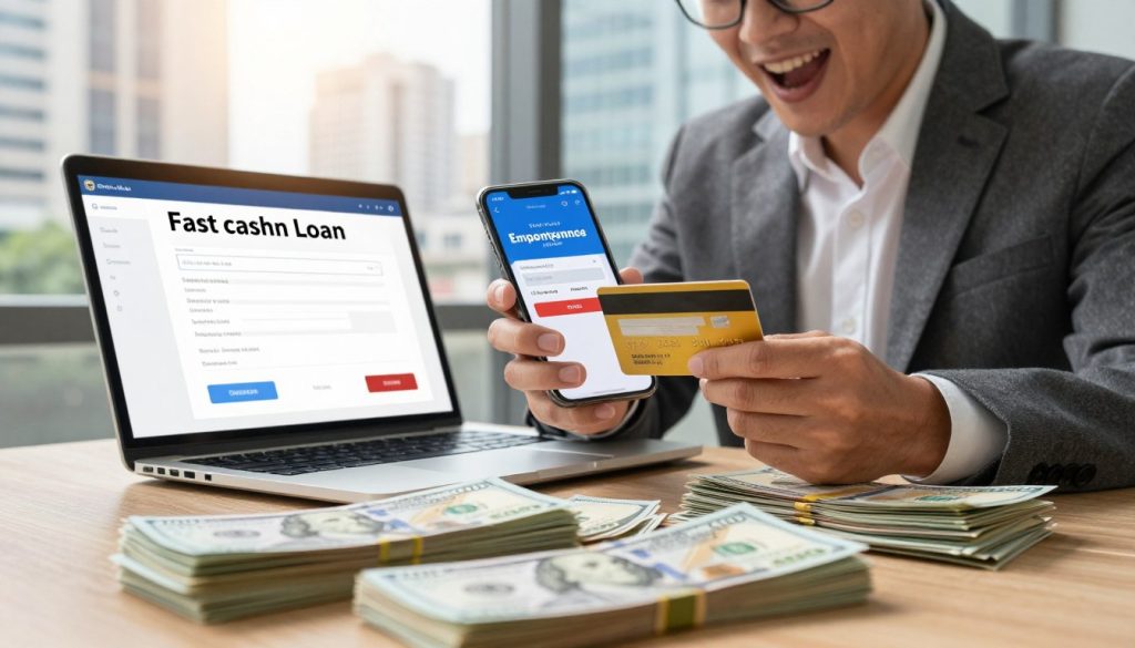 A dynamic scene capturing the essence of fast cash advances, featuring a professional businessperson in smart attire excitedly holding a smartphone displaying a loan approval notification. The foreground shows vibrant stacks of cash and a credit card fanned out, symbolizing quick financial access. In the middle ground, a laptop with an open loan application dashboard represents the online aspect of emergency loans, with bright, welcoming colors creating a sense of urgency and excitement. The background features a city skyline with modern offices, bathed in warm sunlight, evoking optimism and financial stability. The atmosphere should be energetic and encouraging, with soft lighting enhancing the scene’s positive vibe, using a slightly angled perspective to create depth and focus on the central action.