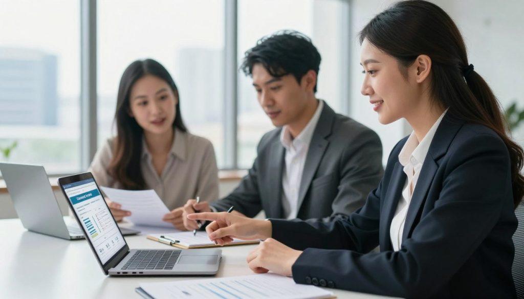 A modern office environment featuring a diverse group of three professionals discussing instant cash loans for bad credit. In the foreground, a confident woman in business attire is pointing at a laptop displaying a financial app while sitting at a sleek desk. Beside her, a man in a blazer takes notes, and a second woman in a modest blouse gestures towards a stack of financial documents. The middle ground shows a bright window allowing natural light to flood in, creating an inviting atmosphere. The background features a subtle blurred skyline of a city, symbolizing opportunities and growth. The image should convey a mood of professionalism, optimism, and accessibility, encouraging viewers to consider their options for financial assistance.