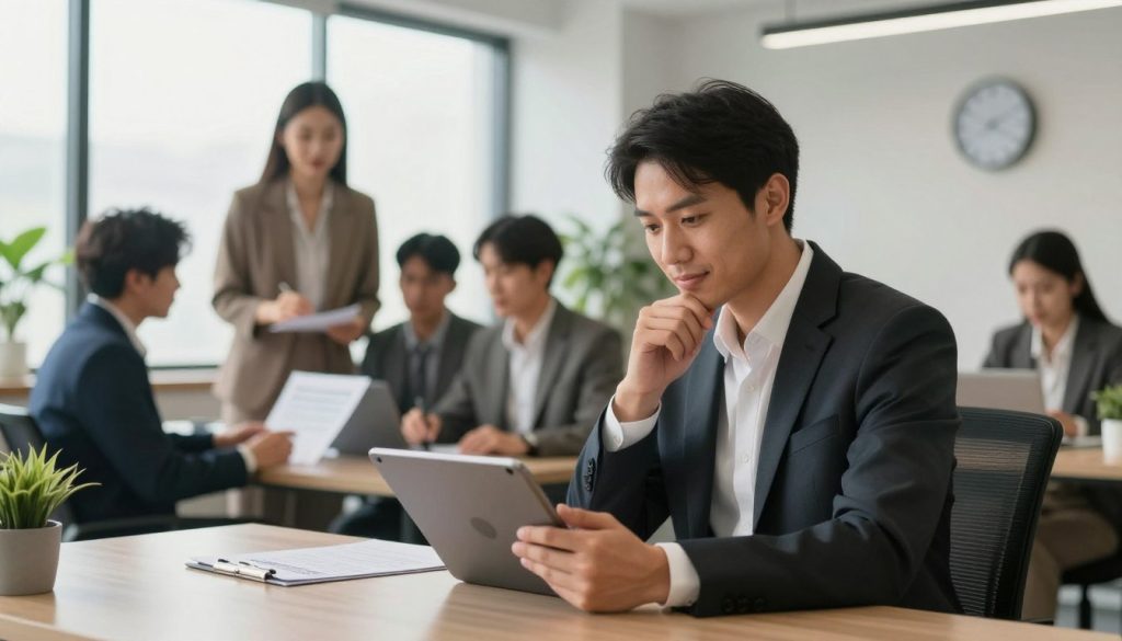 A modern office scene depicting a professional business environment focused on swift loan approvals. In the foreground, a confident banker in a smart suit sits at a sleek desk, examining applications on a digital tablet, with a thoughtful expression. The middle ground captures a diverse group of clients, dressed in professional business attire, eagerly discussing their loan options. In the background, large windows bathe the room in natural light, enhancing a warm and inviting atmosphere. Subtle plants add a touch of greenery, while a subtle digital clock on the wall hints at rapid processing times. The overall mood is optimistic and efficient, symbolizing trust and swift financial solutions, with soft lighting creating a welcoming ambiance.