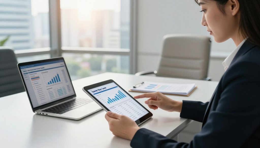 A modern office setting with a professional businesswoman seated at a sleek desk, reviewing a digital tablet displaying various same day loan options. The foreground shows the tablet clearly with graphs and loan details. In the middle, there is a laptop opened with financial documents, and a comfortable chair is visible. The background features a large window with natural light streaming in, illuminating a cityscape beyond. The mood is focused and serious, conveying a sense of urgency and professionalism. The lighting is bright and warm, suggesting an optimistic atmosphere. Shot with a wide-angle lens to capture the workspace context, emphasizing clarity and the feeling of efficiency in financial decision-making. A modern office setting with a professional businesswoman seated at a sleek desk, reviewing a digital tablet displaying various same day loan options. The foreground shows the tablet clearly with graphs and loan details. In the middle, there is a laptop opened with financial documents, and a comfortable chair is visible. The background features a large window with natural light streaming in, illuminating a cityscape beyond. The mood is focused and serious, conveying a sense of urgency and professionalism. The lighting is bright and warm, suggesting an optimistic atmosphere. Shot with a wide-angle lens to capture the workspace context, emphasizing clarity and the feeling of efficiency in financial decision-making.