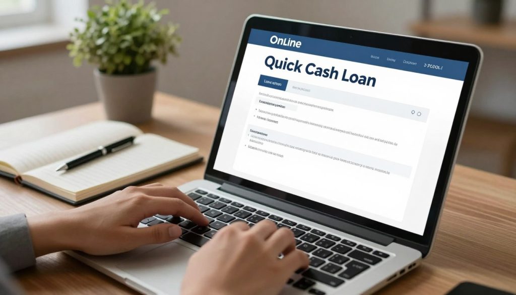 A modern workspace featuring a close-up of a computer screen displaying an online quick cash loan application form. In the foreground, a hand is typing on a sleek laptop keyboard, emphasizing user interaction. The middle ground includes an open notebook with a pen, symbolizing organization and preparation for the loan application. In the background, a softly lit room with a potted plant and a calming color palette creates a sense of comfort and professionalism. The lighting is warm and inviting, capturing a focused yet relaxed atmosphere. The camera angle is slightly elevated, providing a clear view of the application process while maintaining an engaging and relatable perspective. The image should be devoid of text or any distractions, focusing solely on the application process for emergency loans.