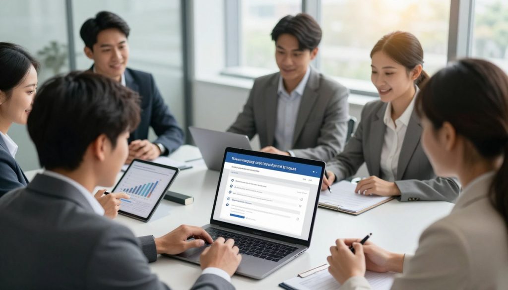 A professional and modern office environment depicting the emergency cash loan approval process. In the foreground, a diverse group of individuals in business attire (men in suits, women in smart blouses) are engaged in a discussion over a laptop, visibly focused. In the middle, an open laptop displays a simplified application form with checkmarks indicating successful completions. A tablet rests beside it showing a graph of loan approval rates. The background features a sleek office setup with large windows letting in natural light, creating an optimistic and productive atmosphere. Soft, warm lighting enhances the sense of urgency and positivity. The angle is slightly overhead, capturing the team’s collaboration while emphasizing the application process visually. The overall mood is professional and hopeful, communicating efficiency and trust. A professional and modern office environment depicting the emergency cash loan approval process. In the foreground, a diverse group of individuals in business attire (men in suits, women in smart blouses) are engaged in a discussion over a laptop, visibly focused. In the middle, an open laptop displays a simplified application form with checkmarks indicating successful completions. A tablet rests beside it showing a graph of loan approval rates. The background features a sleek office setup with large windows letting in natural light, creating an optimistic and productive atmosphere. Soft, warm lighting enhances the sense of urgency and positivity. The angle is slightly overhead, capturing the team’s collaboration while emphasizing the application process visually. The overall mood is professional and hopeful, communicating efficiency and trust.