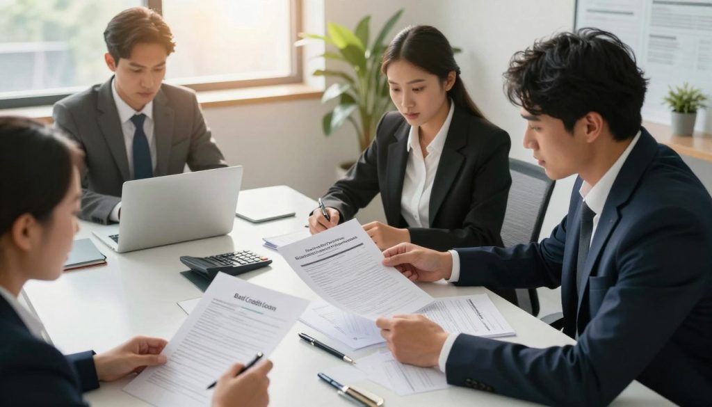 A professional office environment depicting the bad credit loan application process. In the foreground, a diverse group of three individuals in business attire is seated at a sleek, modern conference table, discussing documents and laptops, with focused expressions. In the middle, various application forms, calculators, and a pen are scattered on the table, symbolizing the detailed nature of the process. The background features a large window with sunlight streaming in, illuminating the room and creating a warm, hopeful atmosphere. Soft shadows enhance the professional setting, while a potted plant adds a touch of life to the scene. The angle is slightly elevated, providing a comprehensive view of the collaboration in action, evoking a sense of determination and positivity in overcoming financial challenges. A professional office environment depicting the bad credit loan application process. In the foreground, a diverse group of three individuals in business attire is seated at a sleek, modern conference table, discussing documents and laptops, with focused expressions. In the middle, various application forms, calculators, and a pen are scattered on the table, symbolizing the detailed nature of the process. The background features a large window with sunlight streaming in, illuminating the room and creating a warm, hopeful atmosphere. Soft shadows enhance the professional setting, while a potted plant adds a touch of life to the scene. The angle is slightly elevated, providing a comprehensive view of the collaboration in action, evoking a sense of determination and positivity in overcoming financial challenges.