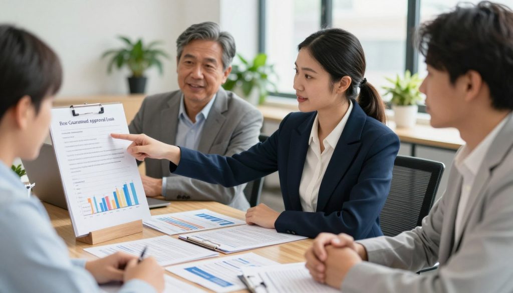 A professional office setting depicting a diverse group of individuals engaged in a discussion about financial options. In the foreground, a confident young woman in smart business attire is pointing to a chart that highlights various types of guaranteed approval loans, while a middle-aged man nods in agreement. In the middle of the scene, a table is covered with loan brochures and financial documents, showcasing various loan types. The background features modern office décor with potted plants and large windows letting in warm, natural light, creating a welcoming atmosphere. The scene captures a sense of hope and collaboration, emphasizing the accessibility of financial support for those with bad credit. The image should convey professionalism and optimism, with a clear focus on the subject matter. A professional office setting depicting a diverse group of individuals engaged in a discussion about financial options. In the foreground, a confident young woman in smart business attire is pointing to a chart that highlights various types of guaranteed approval loans, while a middle-aged man nods in agreement. In the middle of the scene, a table is covered with loan brochures and financial documents, showcasing various loan types. The background features modern office décor with potted plants and large windows letting in warm, natural light, creating a welcoming atmosphere. The scene captures a sense of hope and collaboration, emphasizing the accessibility of financial support for those with bad credit. The image should convey professionalism and optimism, with a clear focus on the subject matter.