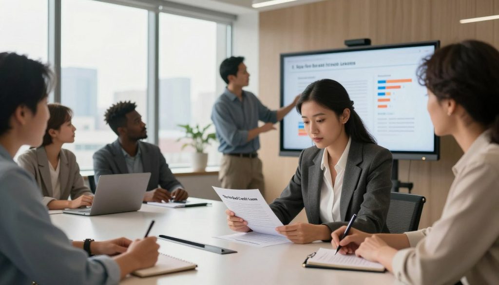 A professional setting focused on personal finance tips, featuring a diverse group of individuals gathered around a sleek, modern conference table. In the foreground, a thoughtful woman in business attire analyzes a document labeled "Tips for Bad Credit Loans" while taking notes. Beside her, a man wearing a smart casual outfit gestures towards a presentation screen displaying key statistics about loan approvals. In the background, a well-lit office space with large windows allowing natural light to flood in, showcasing a city skyline. Soft, warm lighting creates an inviting atmosphere, emphasizing collaboration and knowledge-sharing. The overall mood is optimistic and focused, conveying a sense of empowerment in financial decision-making. A professional setting focused on personal finance tips, featuring a diverse group of individuals gathered around a sleek, modern conference table. In the foreground, a thoughtful woman in business attire analyzes a document labeled "Tips for Bad Credit Loans" while taking notes. Beside her, a man wearing a smart casual outfit gestures towards a presentation screen displaying key statistics about loan approvals. In the background, a well-lit office space with large windows allowing natural light to flood in, showcasing a city skyline. Soft, warm lighting creates an inviting atmosphere, emphasizing collaboration and knowledge-sharing. The overall mood is optimistic and focused, conveying a sense of empowerment in financial decision-making.