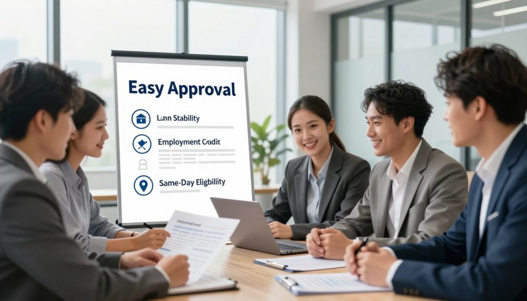 A professional setting illustrating the concept of easy approval loan eligibility. In the foreground, a diverse group of individuals, dressed in business attire, engages in a discussion around a table filled with financial documents and a laptop. In the middle, a large chart displays key eligibility criteria, depicting clear symbols for income stability, employment verification, and identification. The background features a modern office environment with tall windows allowing natural light to flood the space, creating a warm and inviting atmosphere. A subtle depth of field effect focuses on the foreground group while softly blurring the background. The mood is optimistic and collaborative, reflecting the ease of obtaining same-day loans without credit checks.