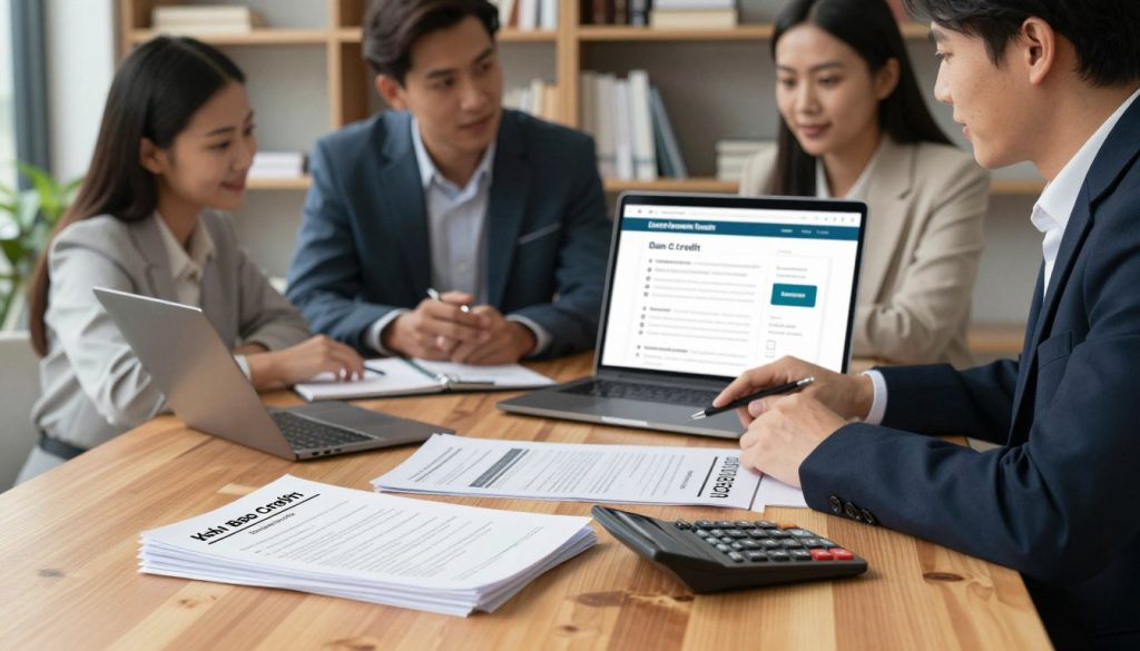 A visually engaging scene depicting various personal loan options for individuals with bad credit, arranged on a sleek wooden desk. In the foreground, a stack of loan documents and a calculator represent financial calculations, while a laptop screen shows a loan comparison website with visuals of various loan types. In the middle ground, a diverse group of professionals (two men and two women) in smart business attire are discussing the documents, reflecting a sense of collaboration and encouragement. The background features a soft-focus bookshelf filled with finance books, creating an ambiance of knowledge and support. Soft, warm lighting casts a reassuring glow over the scene, conveying an atmosphere of hope and positivity. The image captures the essence of exploring the best loan options while emphasizing professionalism and trust. A visually engaging scene depicting various personal loan options for individuals with bad credit, arranged on a sleek wooden desk. In the foreground, a stack of loan documents and a calculator represent financial calculations, while a laptop screen shows a loan comparison website with visuals of various loan types. In the middle ground, a diverse group of professionals (two men and two women) in smart business attire are discussing the documents, reflecting a sense of collaboration and encouragement. The background features a soft-focus bookshelf filled with finance books, creating an ambiance of knowledge and support. Soft, warm lighting casts a reassuring glow over the scene, conveying an atmosphere of hope and positivity. The image captures the essence of exploring the best loan options while emphasizing professionalism and trust.