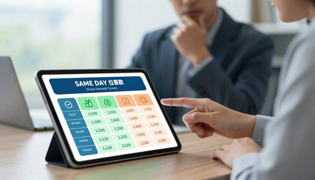 A visually striking comparison chart illustrating various same day loan options for individuals with low credit scores. In the foreground, a sleek, digital tablet displays a colorful infographics-style table with icons representing different loan providers, their interest rates, and terms, all designed in a modern, easy-to-read format. In the middle ground, a professional-looking individual in modest business attire points thoughtfully at the tablet, conveying contemplative decision-making. The background features a soft-focus office environment, with a large window allowing natural daylight to fill the scene, creating a welcoming and informative atmosphere. The overall color palette should evoke trust and clarity, with blues and greens dominating, enhancing the mood of financial empowerment.