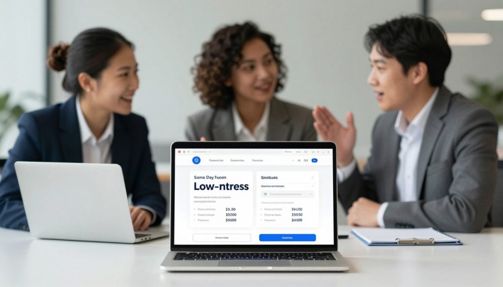 An informative and visually appealing comparison infographic featuring same-day low-interest personal loan options. In the foreground, display a sleek, modern laptop with a website showcasing loans side by side, highlighting key features like interest rates and repayment terms. In the middle, include a diverse group of three professionals, dressed in business attire, discussing the loans enthusiastically. The background should depict a calm, sleek office environment with soft lighting to convey professionalism and trust. Use a slight depth of field effect to keep the focus on the laptop and professionals. The overall mood should be confident and encouraging, emphasizing accessibility and informed decision-making in personal finance. An informative and visually appealing comparison infographic featuring same-day low-interest personal loan options. In the foreground, display a sleek, modern laptop with a website showcasing loans side by side, highlighting key features like interest rates and repayment terms. In the middle, include a diverse group of three professionals, dressed in business attire, discussing the loans enthusiastically. The background should depict a calm, sleek office environment with soft lighting to convey professionalism and trust. Use a slight depth of field effect to keep the focus on the laptop and professionals. The overall mood should be confident and encouraging, emphasizing accessibility and informed decision-making in personal finance.